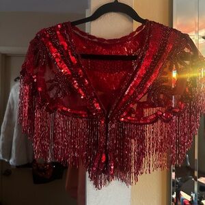 Stunning Red Sequins, Lace and Beaded Shawl Fancy